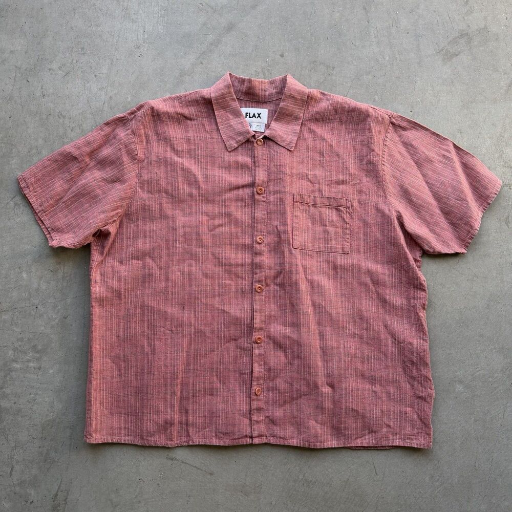 FLAX Linen Button Shirt Mens L Short Sleeve Relaxed Lagenlook Boho Plaid Orange